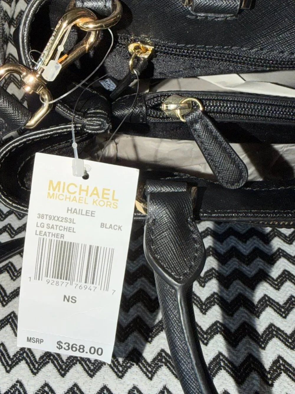 NWT Michael Kors HAILEE Large Leather Satchel Black & Gold w/ crossbody strap